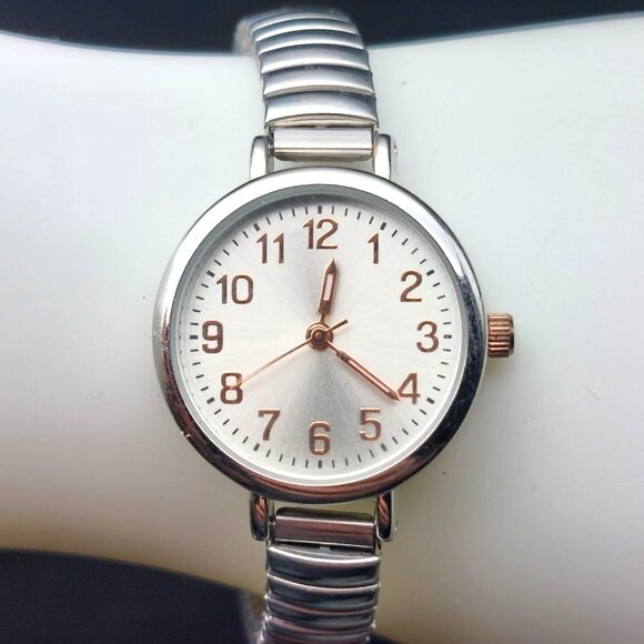 Ladies Silver Analog Watch With Stretch Band & Rose Gold Accents Stainless Steel - Picture 2 of 8